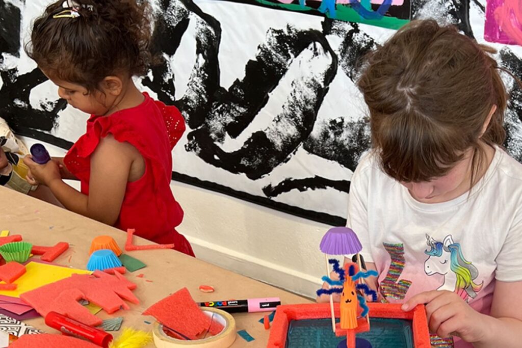 Children creating sculptures with recycled and repurposed materials at a Re:PLAY families workshop, Artspace Adelaide Festival Centre.