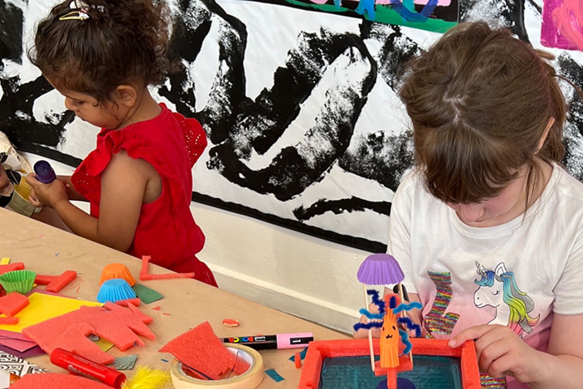 Children creating sculptures with recycled and repurposed materials at a Re:PLAY families workshop, Artspace Adelaide Festival Centre.