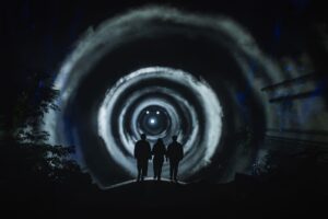 Illuminate Adelaide 2026 Night Visions. 3 people standing in front of round circles of light.