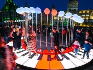 Giant illuminated piano keys installation at night, Illuminate Adelaide