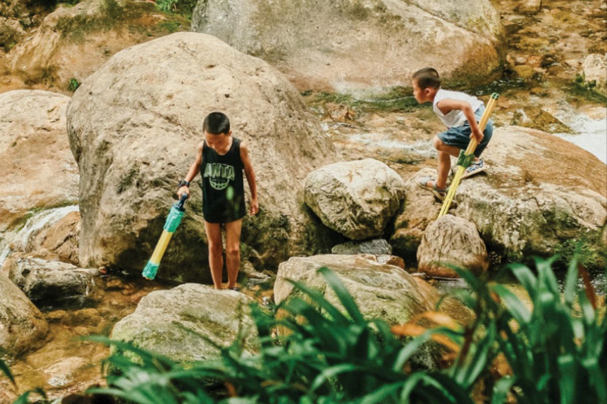 Two children walk among large boulders in a forested area, with colourful flags strung between the trees above.