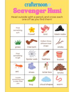 Printable Crafternoon Co scavenger hunt sheet showing pictures of items to find, such as flowers, rocks and bugs