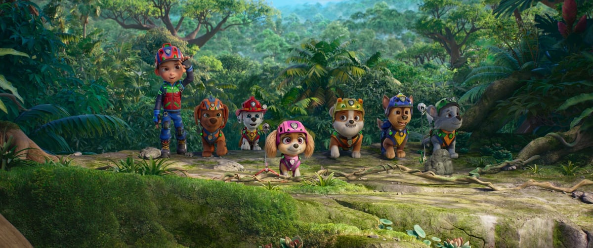 PAW Patrol pups on a dinosaur-filled tropical island