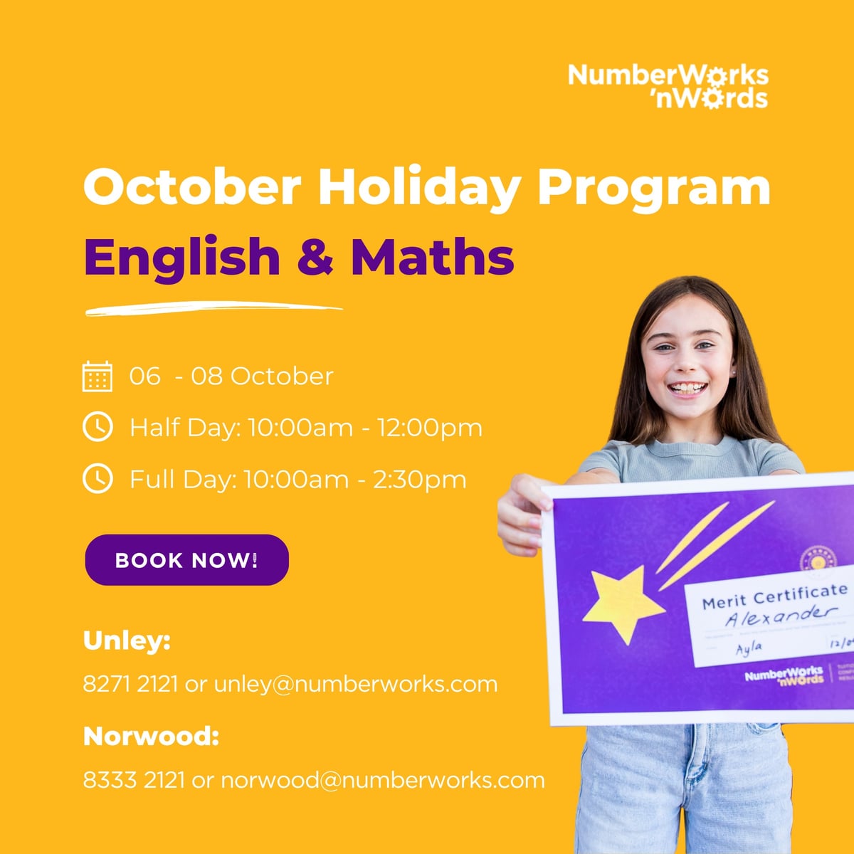 NumberWorks'nWords October holiday programme details for Unley and Norwood