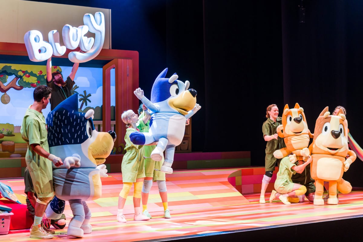 The Heeler family on stage during a live performance of Bluey's Big Play
