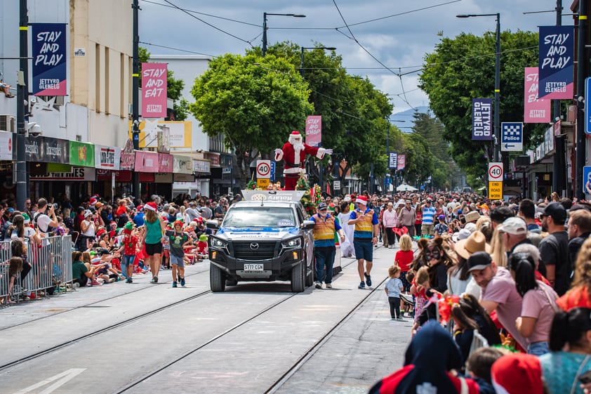 Colourful floats and crowds at the Glenelg Christmas Pageant