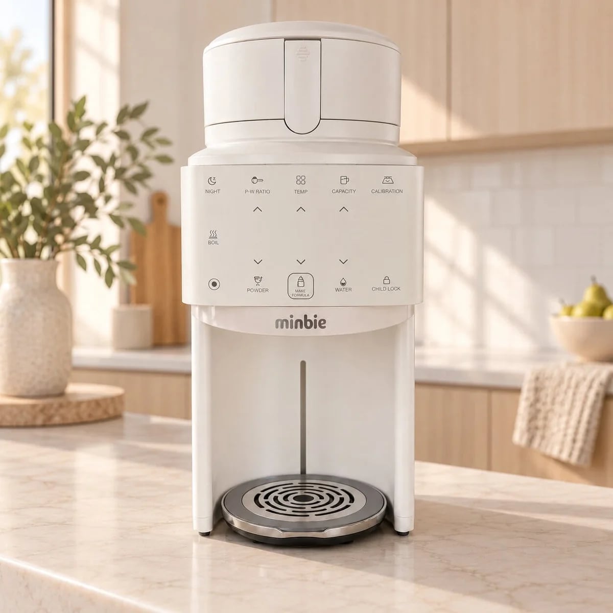 Minbie Smart Formula Maker front view showing glass kettle and stainless steel formula storage